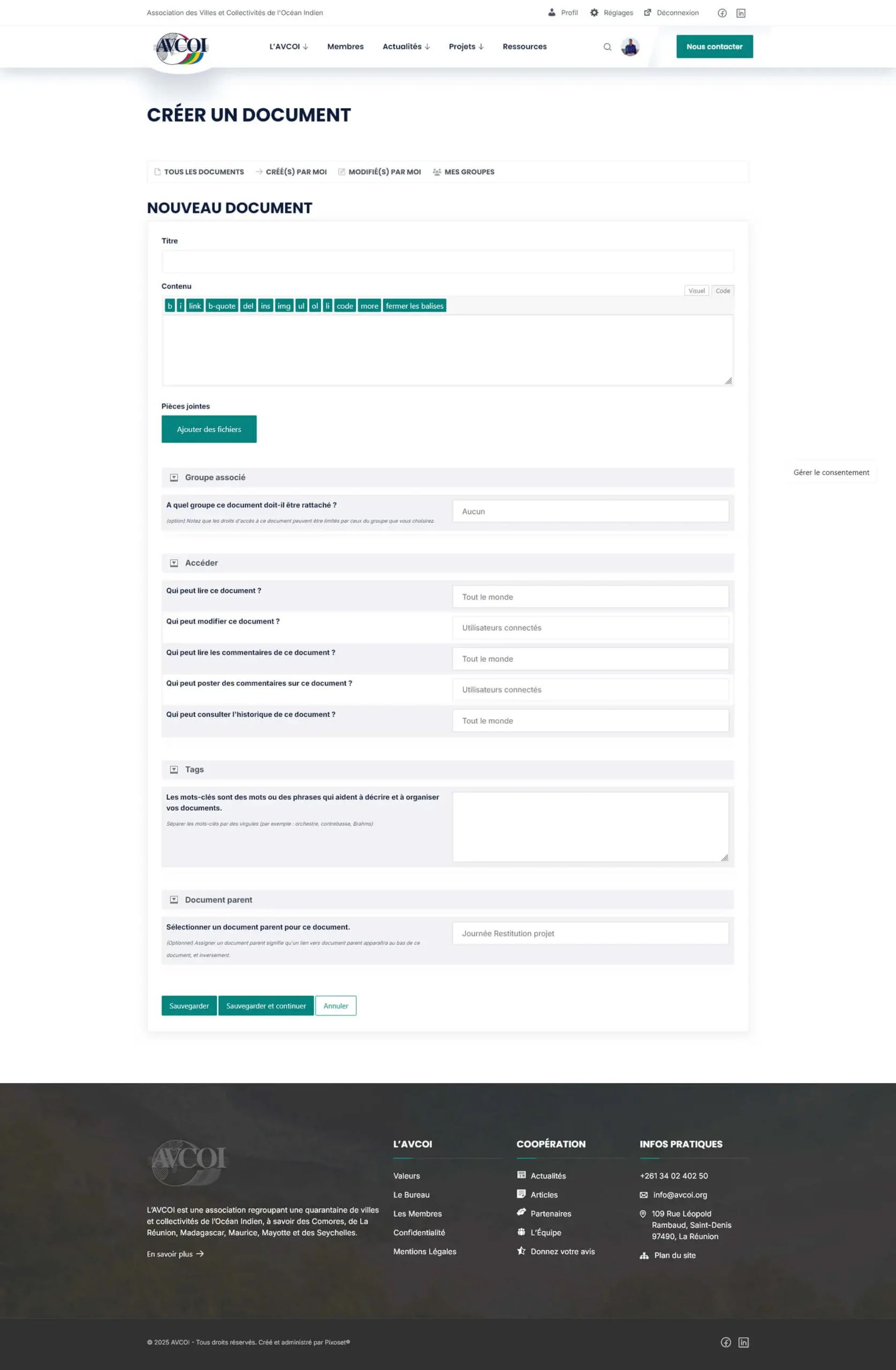 Page de création de documents à partager